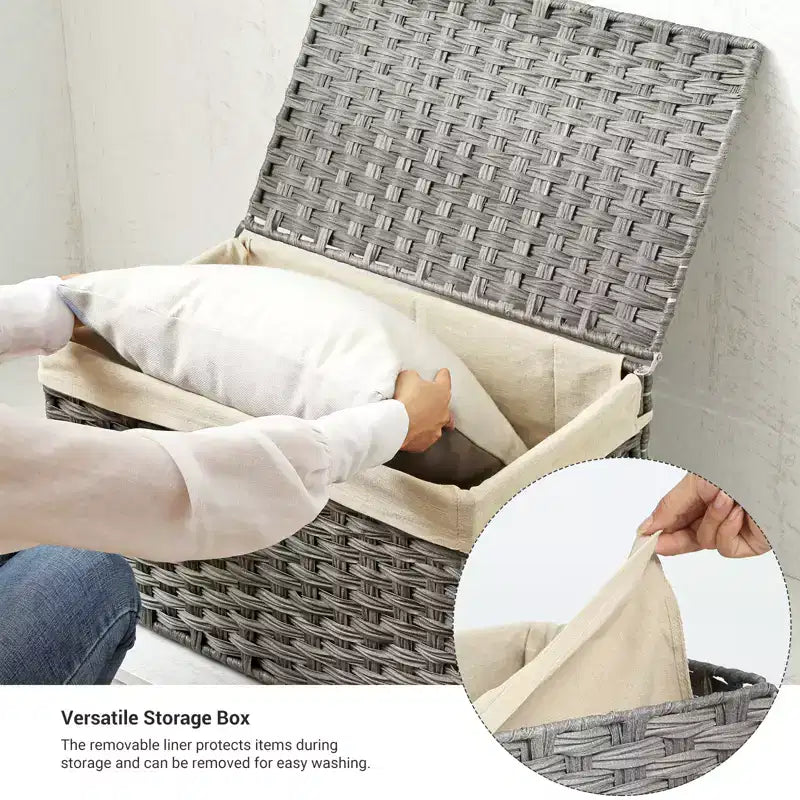 Storage Basket with Lid, 42.3 Gallon (160L) Storage Bin, Woven Blanket Storage Basket with Handles, Foldable, Removable Liner, Metal Frame