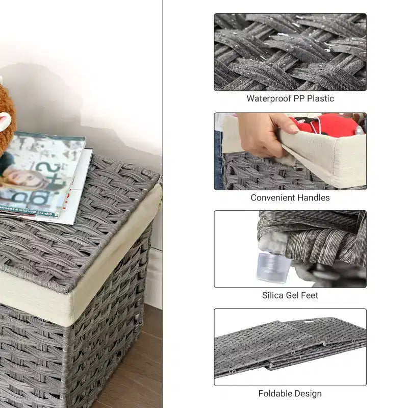 Storage Basket with Lid, 42.3 Gallon (160L) Storage Bin, Woven Blanket Storage Basket with Handles, Foldable, Removable Liner, Metal Frame