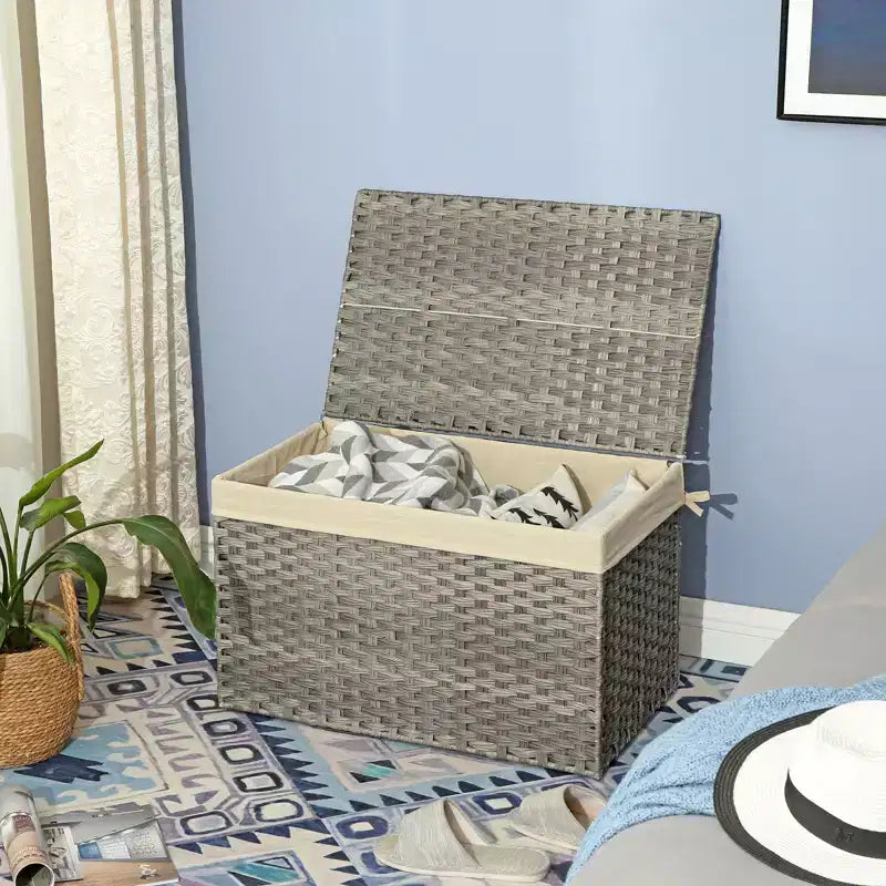 Storage Basket with Lid, 42.3 Gallon (160L) Storage Bin, Woven Blanket Storage Basket with Handles, Foldable, Removable Liner, Metal Frame