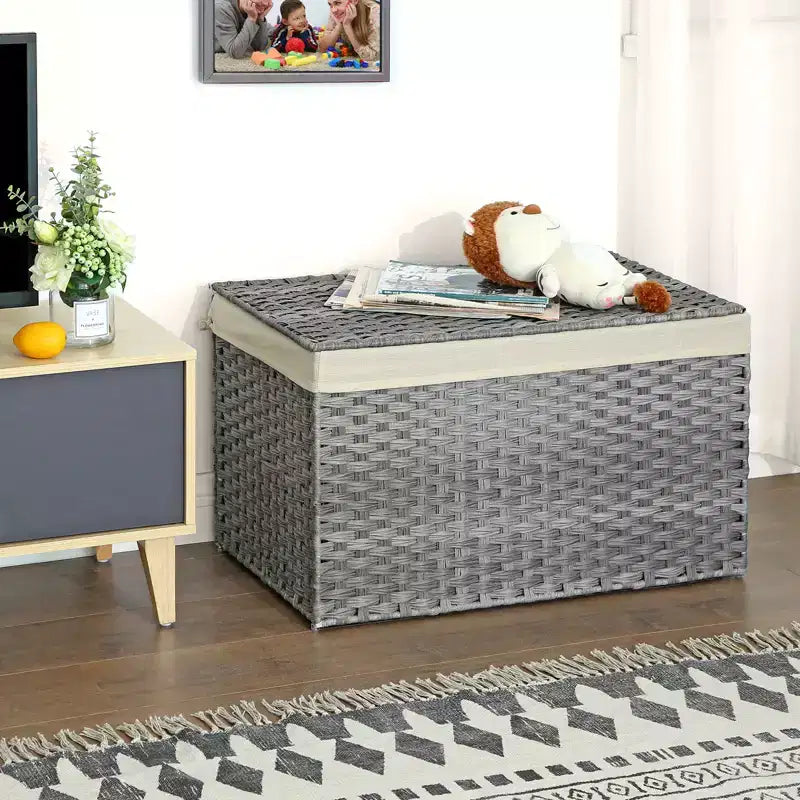 Storage Basket with Lid, 42.3 Gallon (160L) Storage Bin, Woven Blanket Storage Basket with Handles, Foldable, Removable Liner, Metal Frame