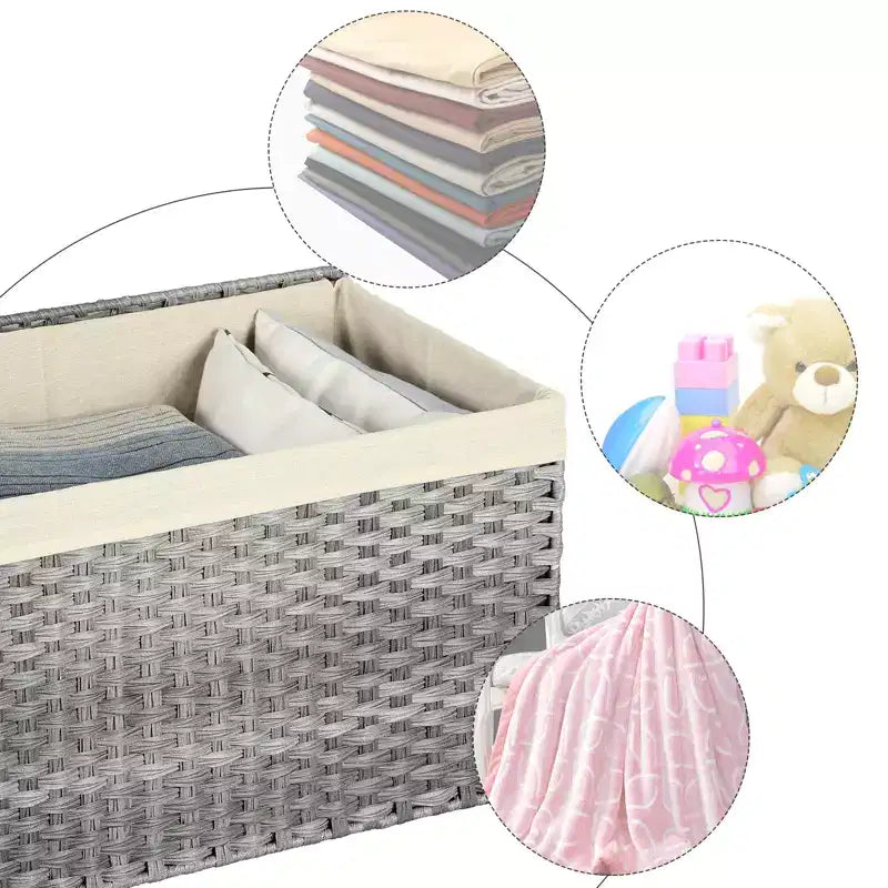 Storage Basket with Lid, 42.3 Gallon (160L) Storage Bin, Woven Blanket Storage Basket with Handles, Foldable, Removable Liner, Metal Frame
