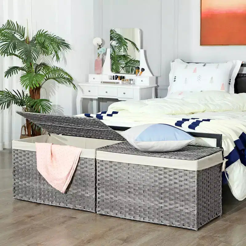 Storage Basket with Lid, 42.3 Gallon (160L) Storage Bin, Woven Blanket Storage Basket with Handles, Foldable, Removable Liner, Metal Frame