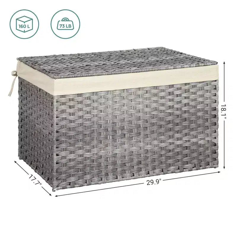Storage Basket with Lid, 42.3 Gallon (160L) Storage Bin, Woven Blanket Storage Basket with Handles, Foldable, Removable Liner, Metal Frame