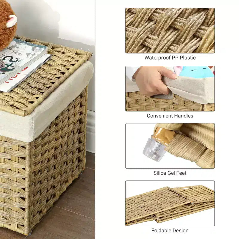 Storage Basket with Lid, 42.3 Gallon (160L) Storage Bin, Woven Blanket Storage Basket with Handles, Foldable, Removable Liner, Metal Frame