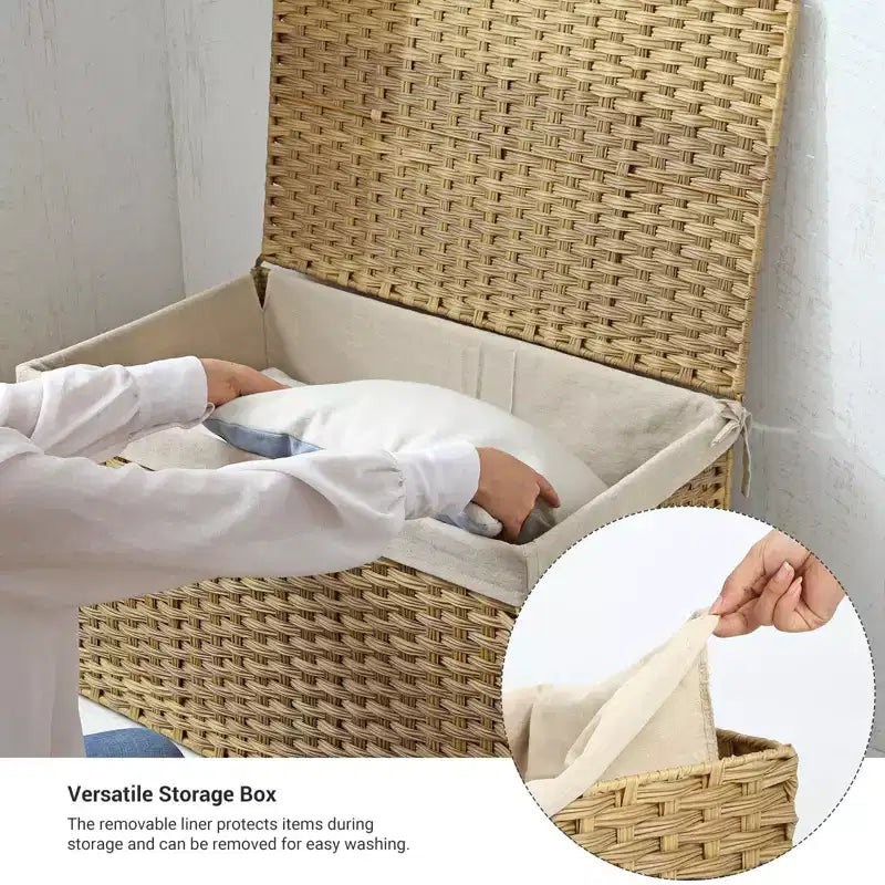 Storage Basket with Lid, 42.3 Gallon (160L) Storage Bin, Woven Blanket Storage Basket with Handles, Foldable, Removable Liner, Metal Frame