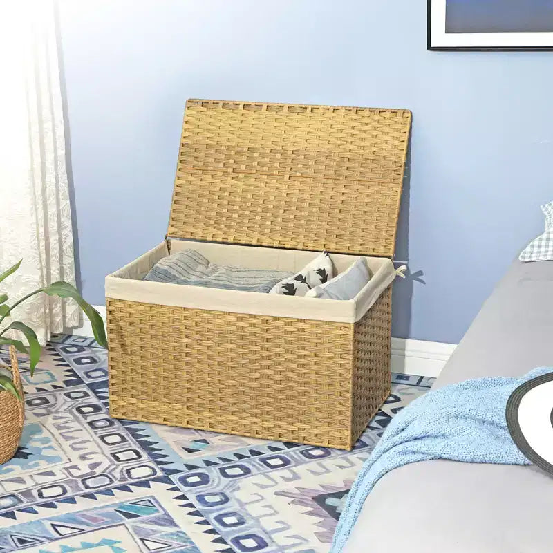 Storage Basket with Lid, 42.3 Gallon (160L) Storage Bin, Woven Blanket Storage Basket with Handles, Foldable, Removable Liner, Metal Frame