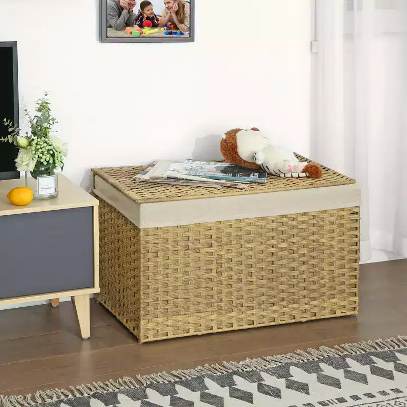 Storage Basket with Lid, 42.3 Gallon (160L) Storage Bin, Woven Blanket Storage Basket with Handles, Foldable, Removable Liner, Metal Frame