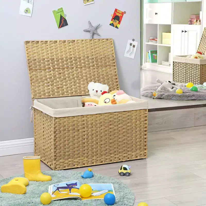 Storage Basket with Lid, 42.3 Gallon (160L) Storage Bin, Woven Blanket Storage Basket with Handles, Foldable, Removable Liner, Metal Frame