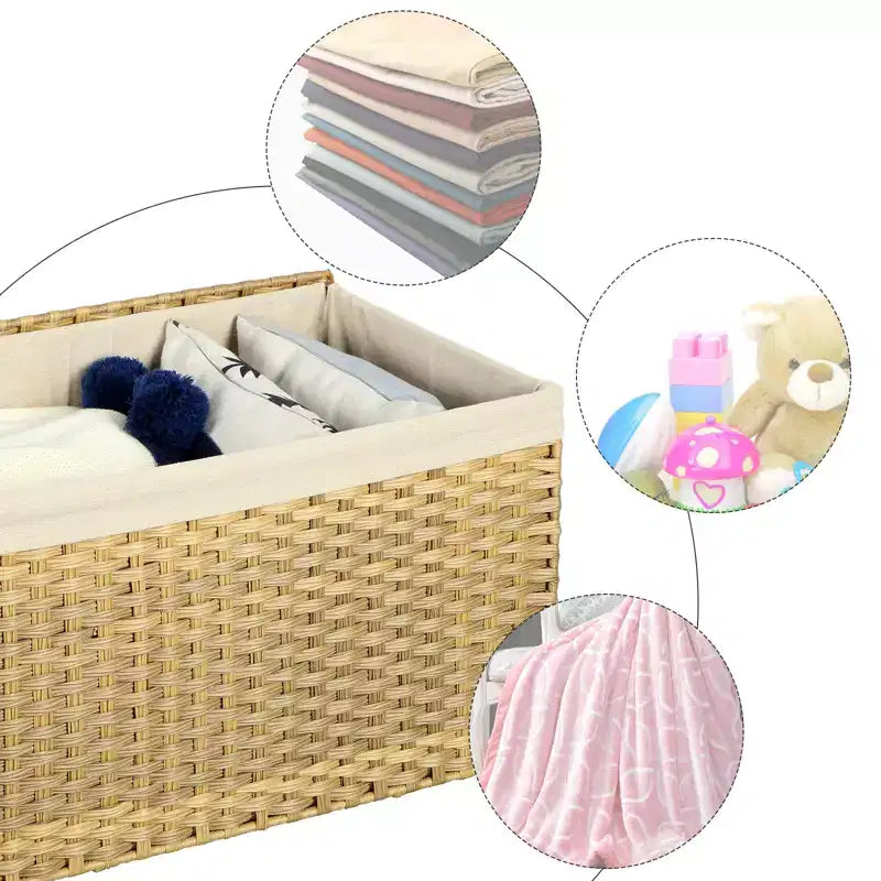 Storage Basket with Lid, 42.3 Gallon (160L) Storage Bin, Woven Blanket Storage Basket with Handles, Foldable, Removable Liner, Metal Frame
