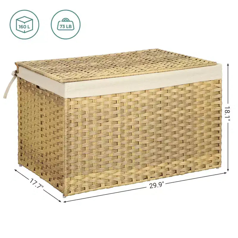 Storage Basket with Lid, 42.3 Gallon (160L) Storage Bin, Woven Blanket Storage Basket with Handles, Foldable, Removable Liner, Metal Frame