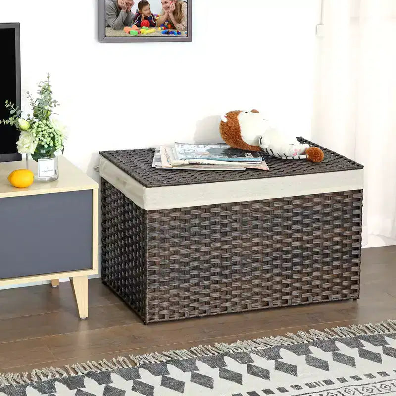 Storage Basket with Lid, 42.3 Gallon (160L) Storage Bin, Woven Blanket Storage Basket with Handles, Foldable, Removable Liner, Metal Frame
