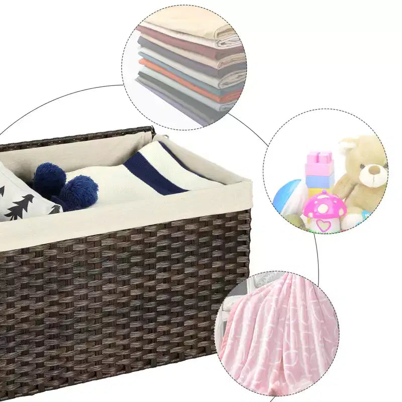Storage Basket with Lid, 42.3 Gallon (160L) Storage Bin, Woven Blanket Storage Basket with Handles, Foldable, Removable Liner, Metal Frame