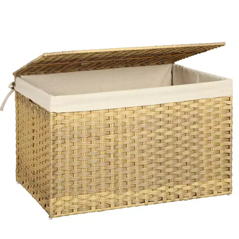 Storage Basket with Lid, 42.3 Gallon (160L) Storage Bin, Woven Blanket Storage Basket with Handles, Foldable, Removable Liner, Metal Frame