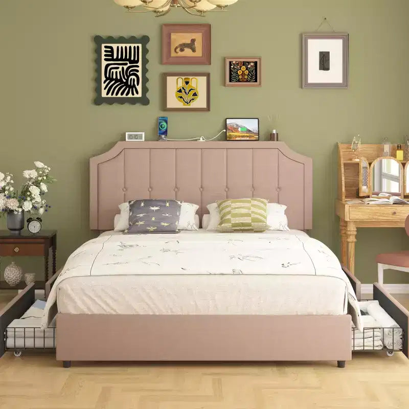 VECELO Queen/Full Size Bed Frame with Storage Drawers & Charging Ports, Upholstered Platform Bed Frame with Adjustable Headboard, Beige