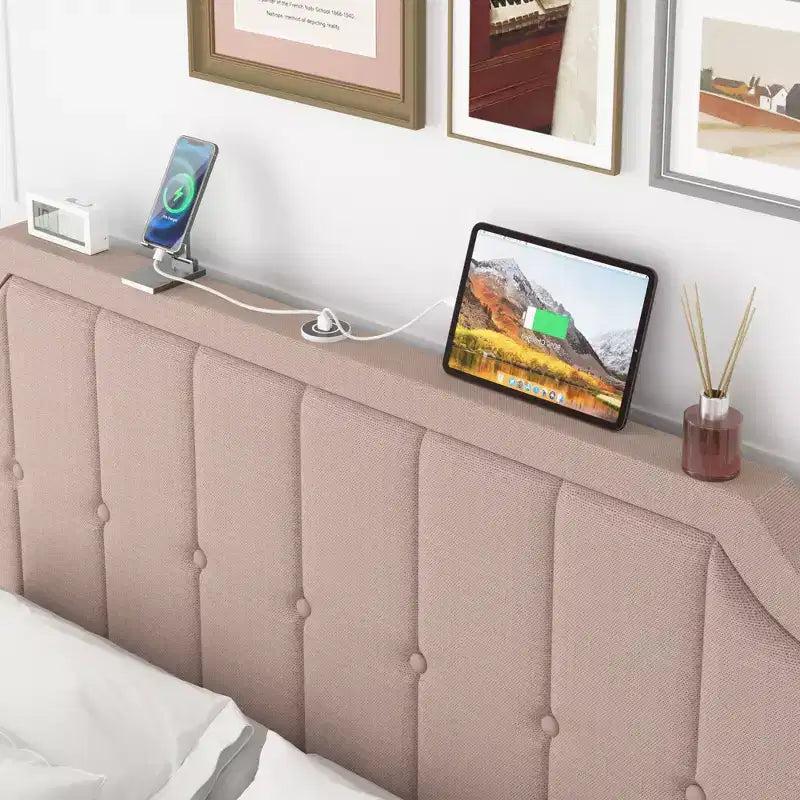 Queen/Full Size Bed Frame with Storage Drawers & Charging Ports, Upholstered Platform Bed Frame with Adjustable Headboard, Beige