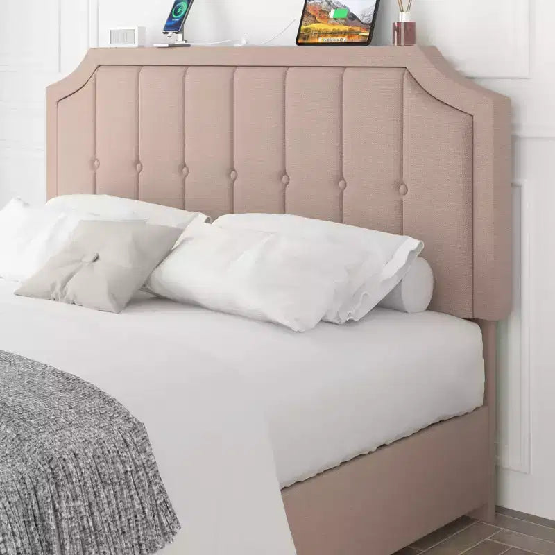 Queen/Full Size Bed Frame with Storage Drawers & Charging Ports, Upholstered Platform Bed Frame with Adjustable Headboard, Beige