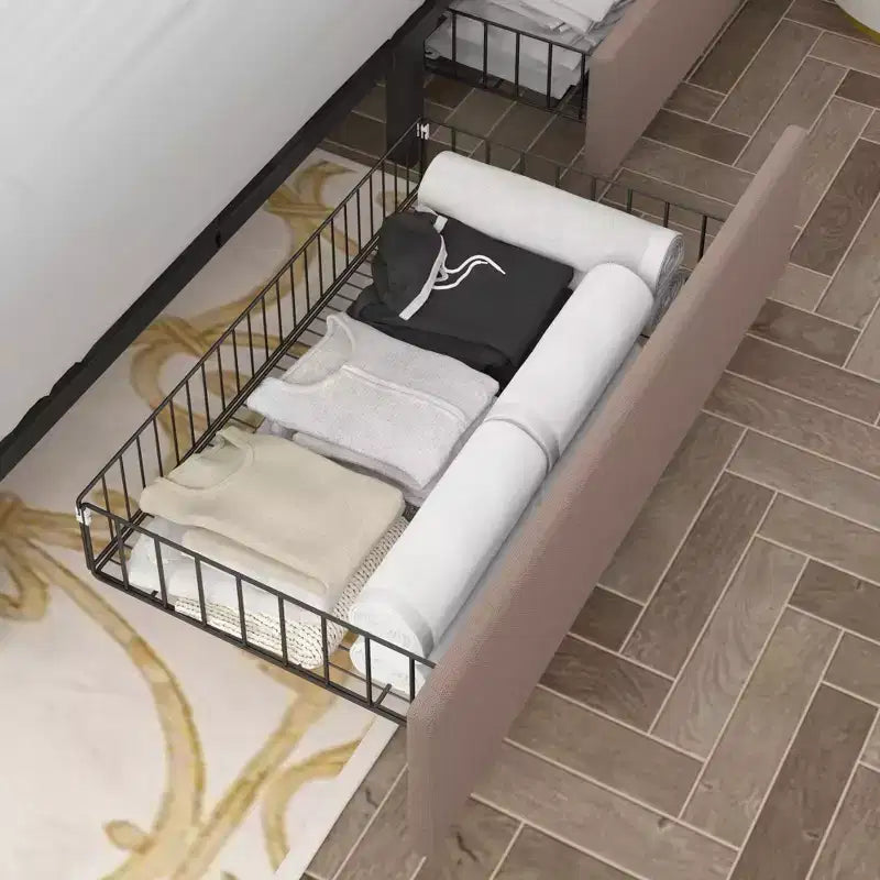 Queen/Full Size Bed Frame with Storage Drawers & Charging Ports, Upholstered Platform Bed Frame with Adjustable Headboard, Beige