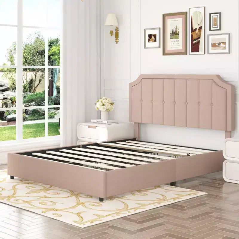 Queen/Full Size Bed Frame with Storage Drawers & Charging Ports, Upholstered Platform Bed Frame with Adjustable Headboard, Beige