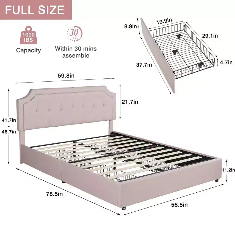 Queen/Full Size Bed Frame with Storage Drawers & Charging Ports, Upholstered Platform Bed Frame with Adjustable Headboard, Beige