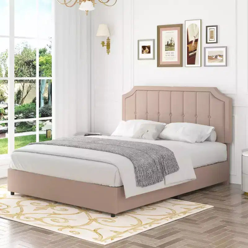 Queen/Full Size Bed Frame with Storage Drawers & Charging Ports, Upholstered Platform Bed Frame with Adjustable Headboard, Beige