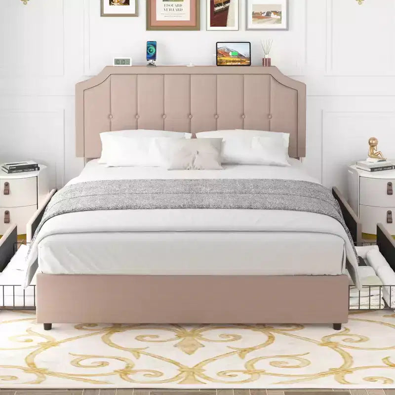 Queen/Full Size Bed Frame with Storage Drawers & Charging Ports, Upholstered Platform Bed Frame with Adjustable Headboard, Beige