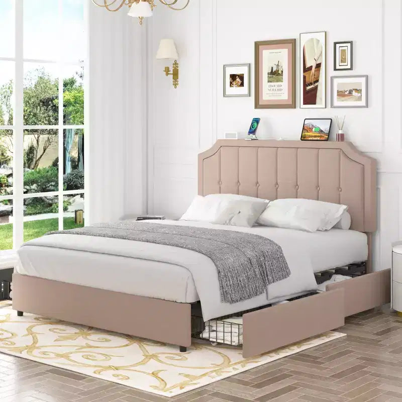 Queen/Full Size Bed Frame with Storage Drawers & Charging Ports, Upholstered Platform Bed Frame with Adjustable Headboard, Beige