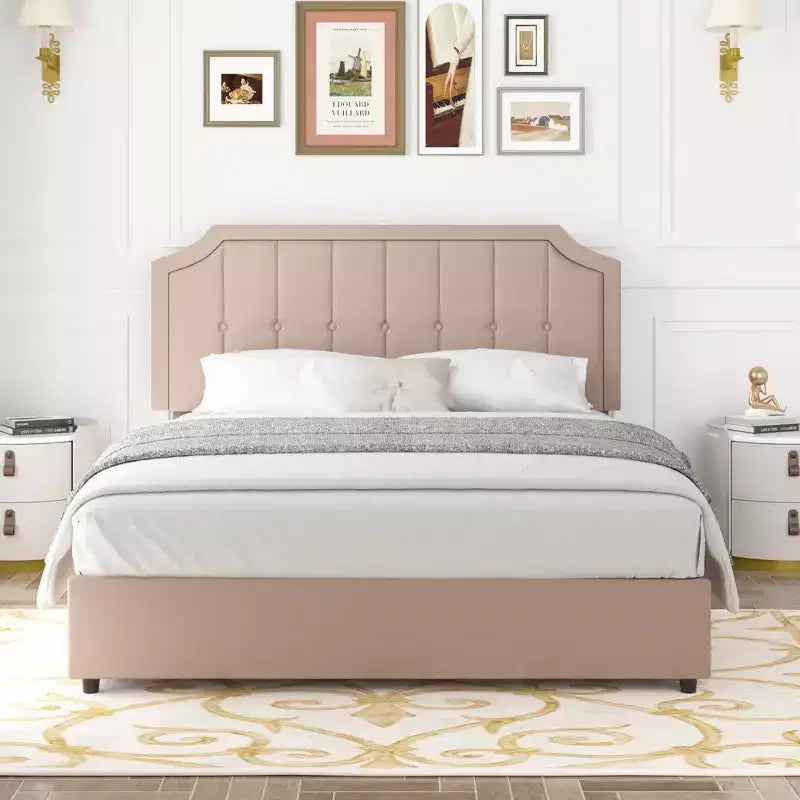 Queen/Full Size Bed Frame with Storage Drawers & Charging Ports, Upholstered Platform Bed Frame with Adjustable Headboard, Beige