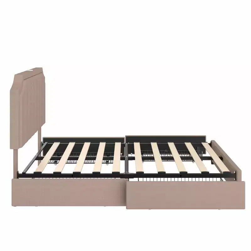 Queen/Full Size Bed Frame with Storage Drawers & Charging Ports, Upholstered Platform Bed Frame with Adjustable Headboard, Beige