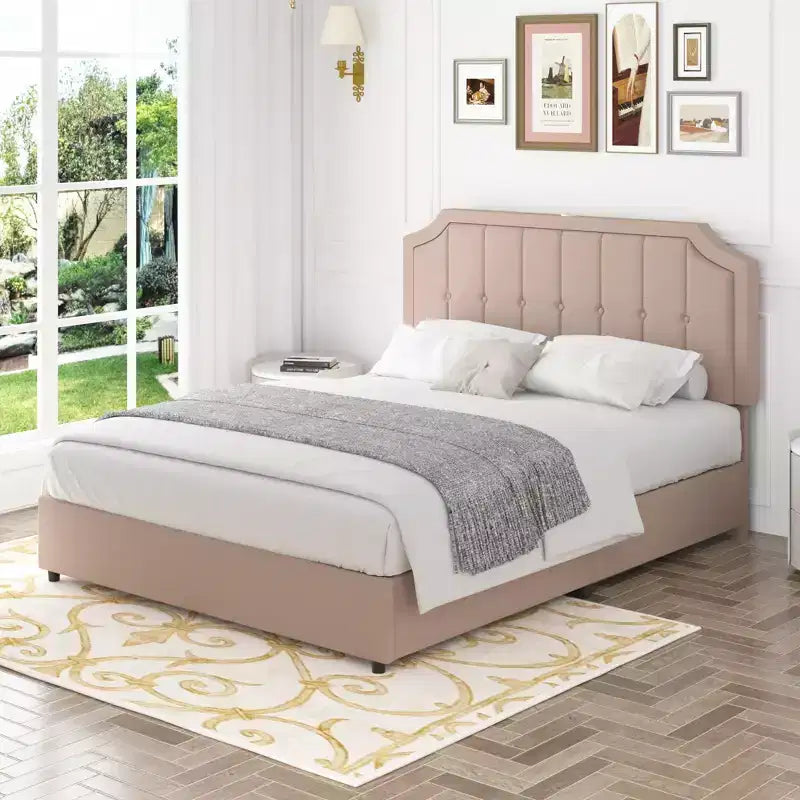 Queen/Full Size Bed Frame with Storage Drawers & Charging Ports, Upholstered Platform Bed Frame with Adjustable Headboard, Beige