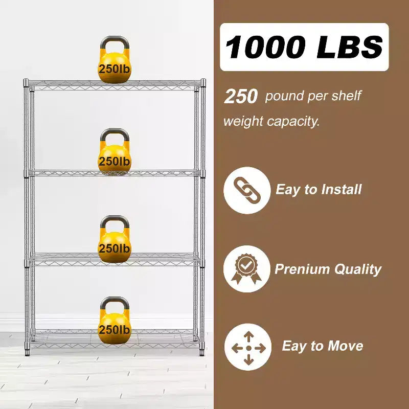 4-Tier Steel Wire Shelving Unit Storage Shelves with Wide-Span Shelves Perfect for Home Office or Commercial Use
