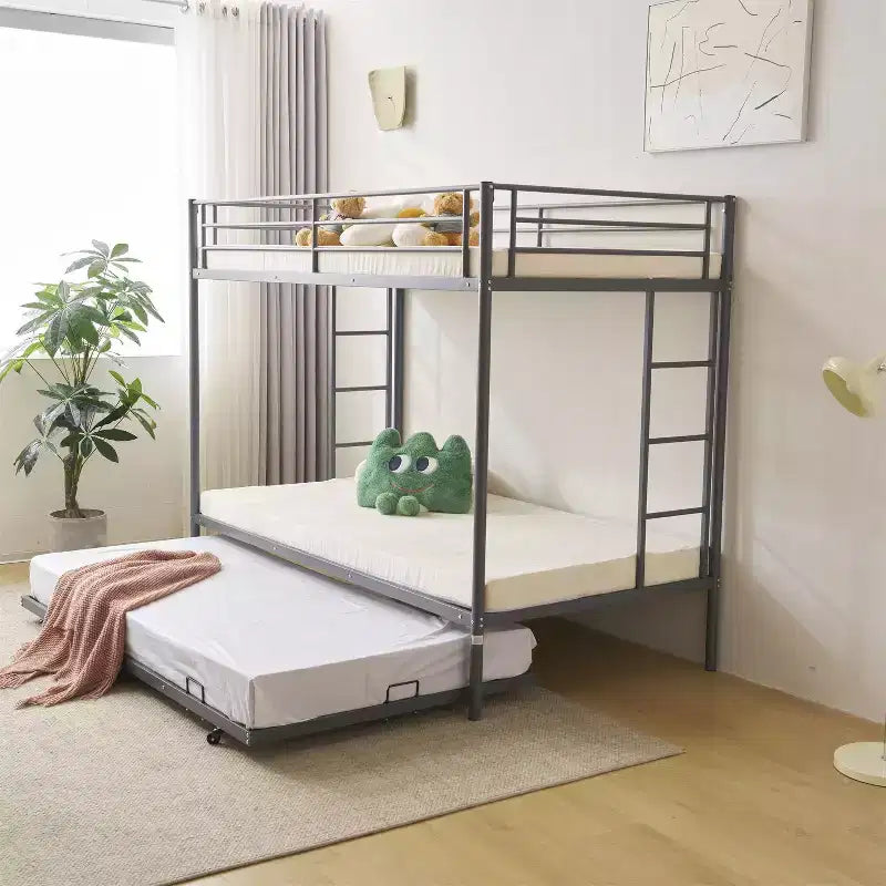 Blcak Twin over Twin Bunk Bed with Trundle, Heavy Duty Metal Bed Frame with Safety Rail Side Ladders