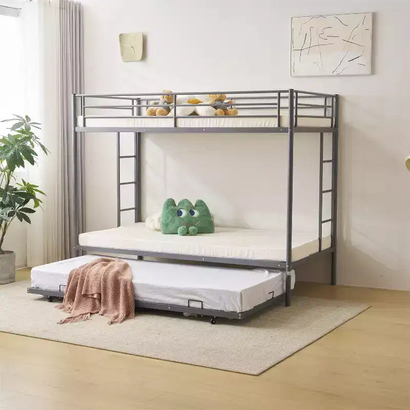 Blcak Twin over Twin Bunk Bed with Trundle, Heavy Duty Metal Bed Frame with Safety Rail Side Ladders
