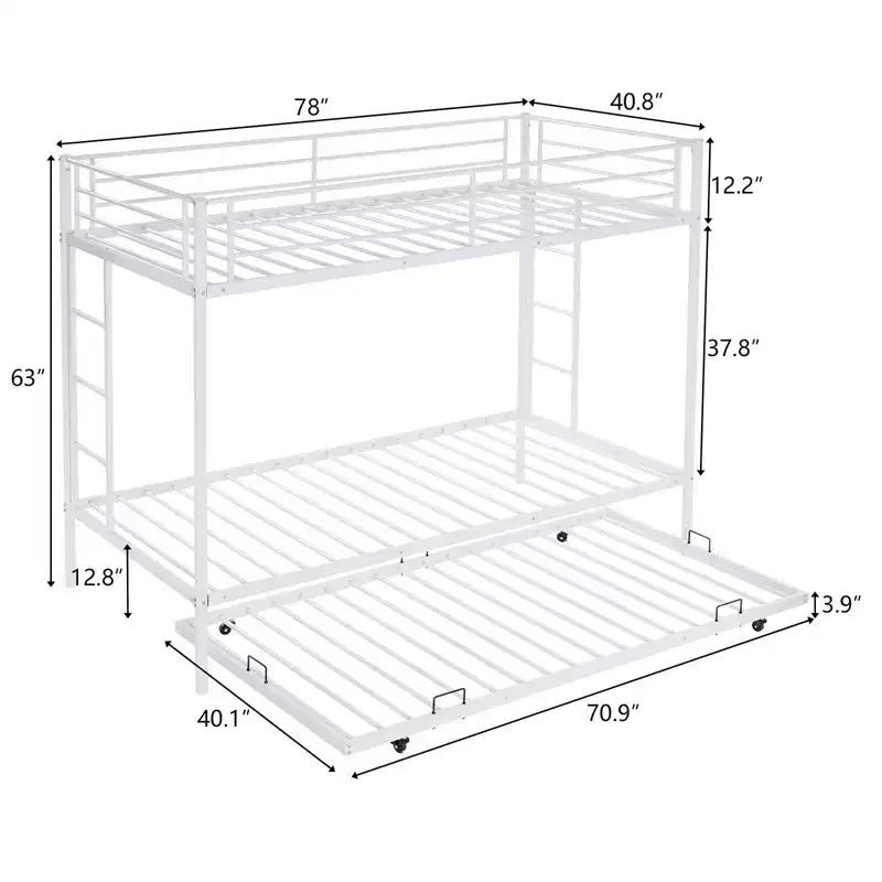Blcak Twin over Twin Bunk Bed with Trundle, Heavy Duty Metal Bed Frame with Safety Rail Side Ladders