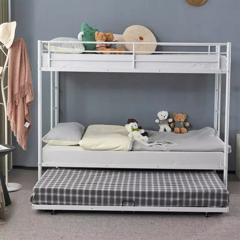 Blcak Twin over Twin Bunk Bed with Trundle, Heavy Duty Metal Bed Frame with Safety Rail Side Ladders