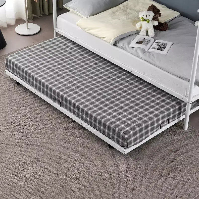 Blcak Twin over Twin Bunk Bed with Trundle, Heavy Duty Metal Bed Frame with Safety Rail Side Ladders