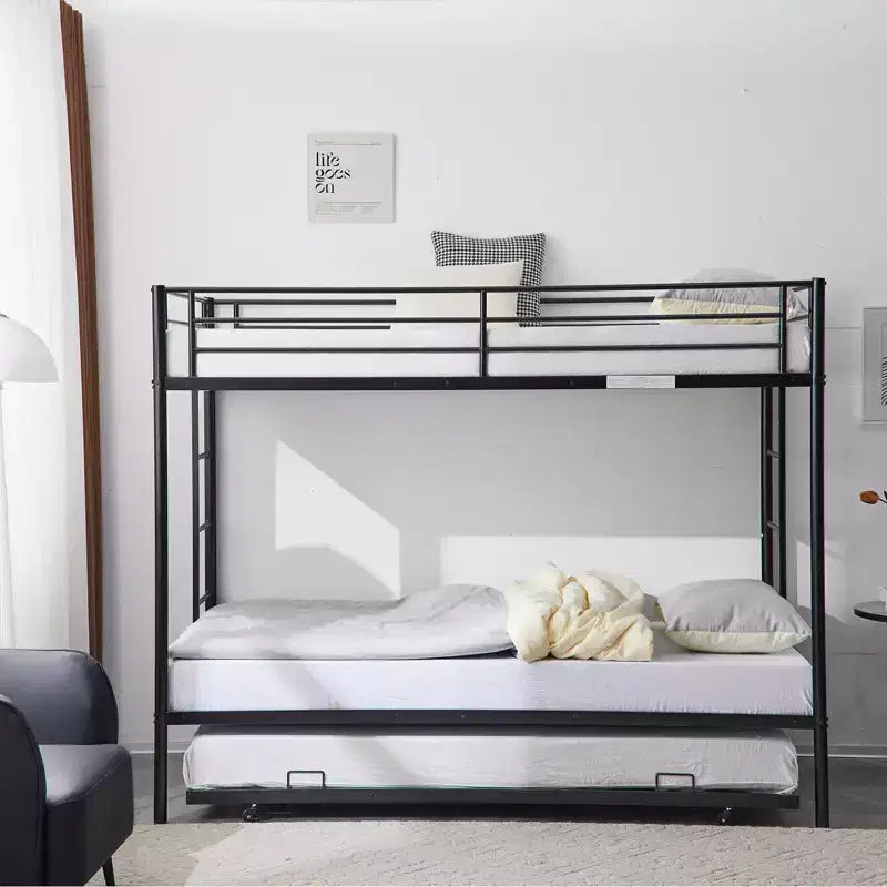Blcak Twin over Twin Bunk Bed with Trundle, Heavy Duty Metal Bed Frame with Safety Rail Side Ladders