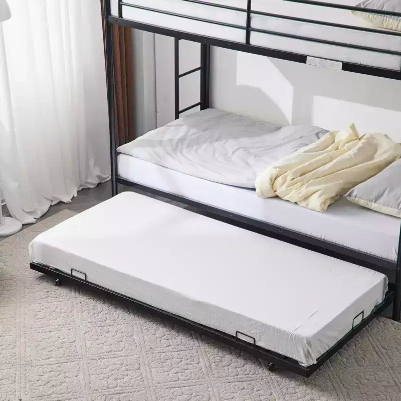 Blcak Twin over Twin Bunk Bed with Trundle, Heavy Duty Metal Bed Frame with Safety Rail Side Ladders