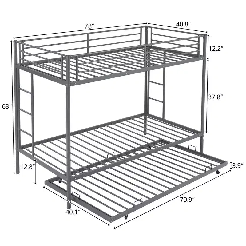 Blcak Twin over Twin Bunk Bed with Trundle, Heavy Duty Metal Bed Frame with Safety Rail Side Ladders