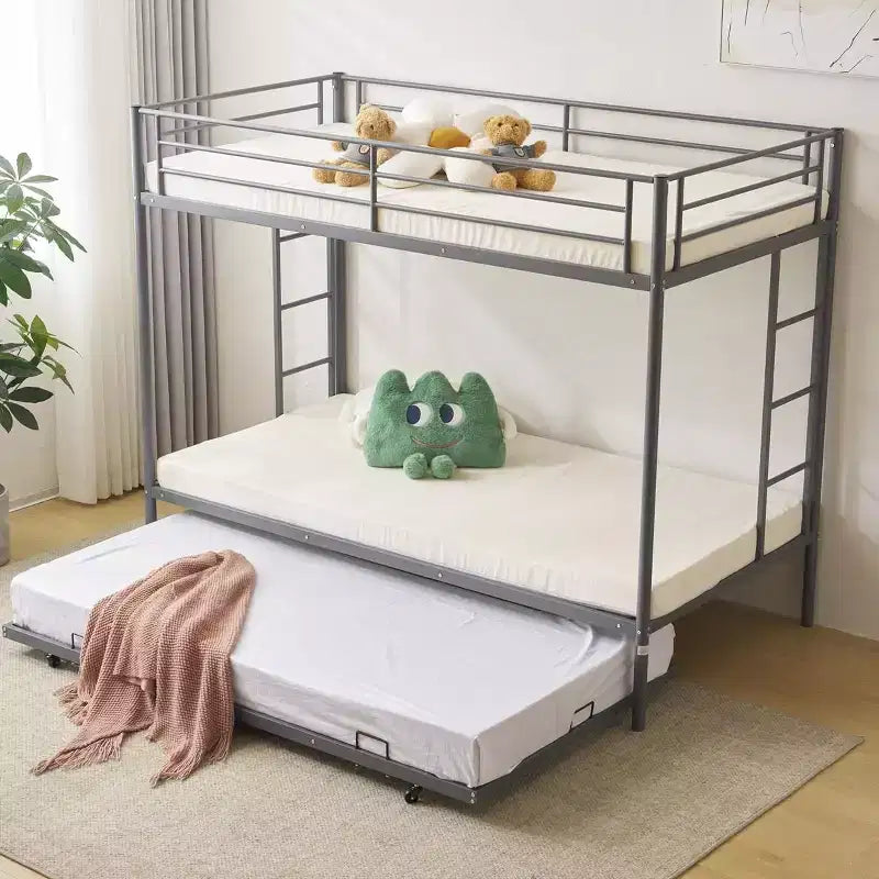 Blcak Twin over Twin Bunk Bed with Trundle, Heavy Duty Metal Bed Frame with Safety Rail Side Ladders
