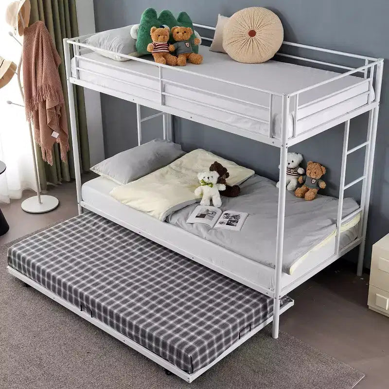 Blcak Twin over Twin Bunk Bed with Trundle, Heavy Duty Metal Bed Frame with Safety Rail Side Ladders