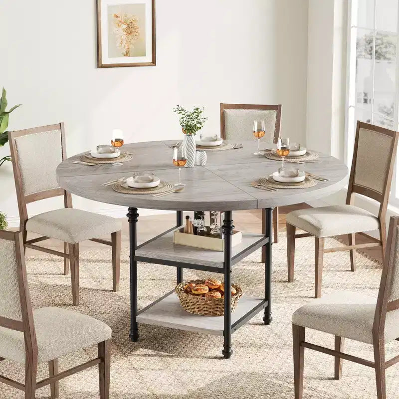 47 In Round Dining Table for 6,Dinner Wooden Kitchen Table with Storage Shelves & Roman Metal Legs for Dining Room,Kitchen,Living Room (Table Only)