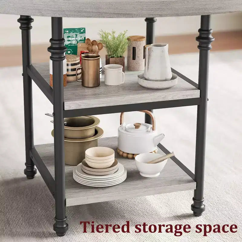 47 In Round Dining Table for 6,Dinner Wooden Kitchen Table with Storage Shelves & Roman Metal Legs for Dining Room,Kitchen,Living Room (Table Only)