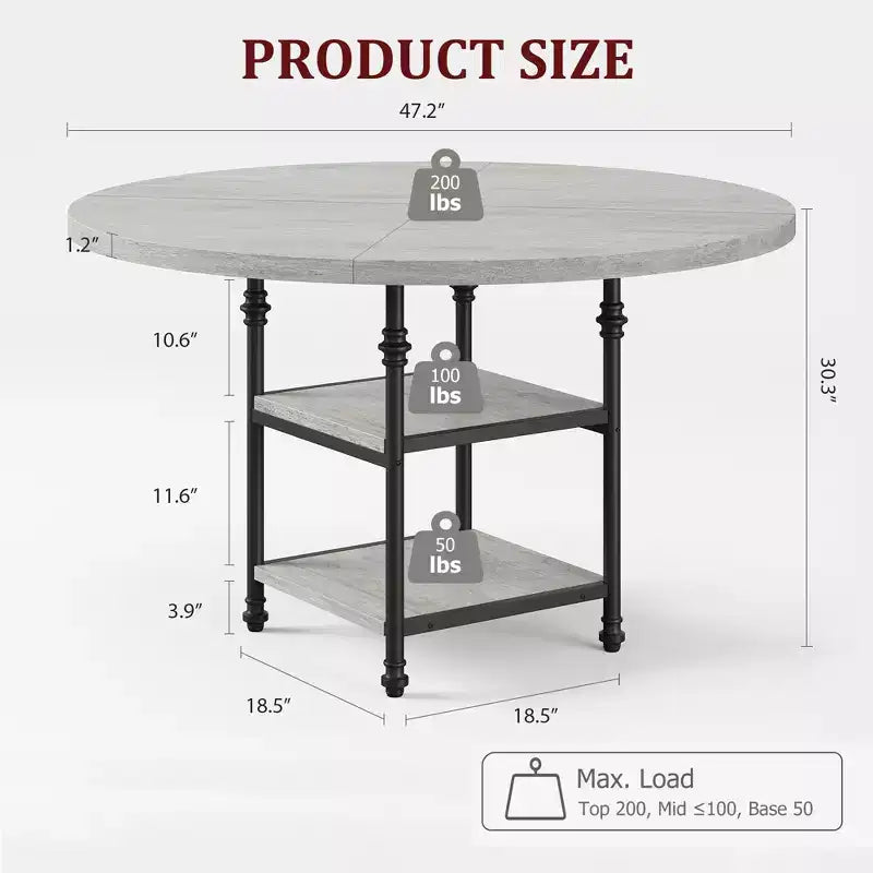 47 In Round Dining Table for 6,Dinner Wooden Kitchen Table with Storage Shelves & Roman Metal Legs for Dining Room,Kitchen,Living Room (Table Only)
