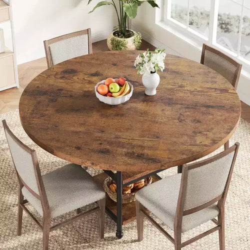 Table à manger ronde de 47 pouces pour 6 personnes, table de cuisine en bois avec étagères de rangement et pieds en métal romains pour salle à manger, cuisine, salon (Table uniquement)