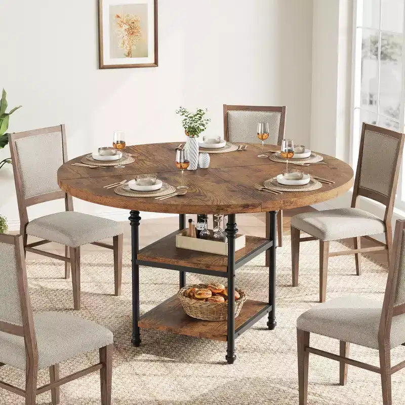 47 In Round Dining Table for 6,Dinner Wooden Kitchen Table with Storage Shelves & Roman Metal Legs for Dining Room,Kitchen,Living Room (Table Only)