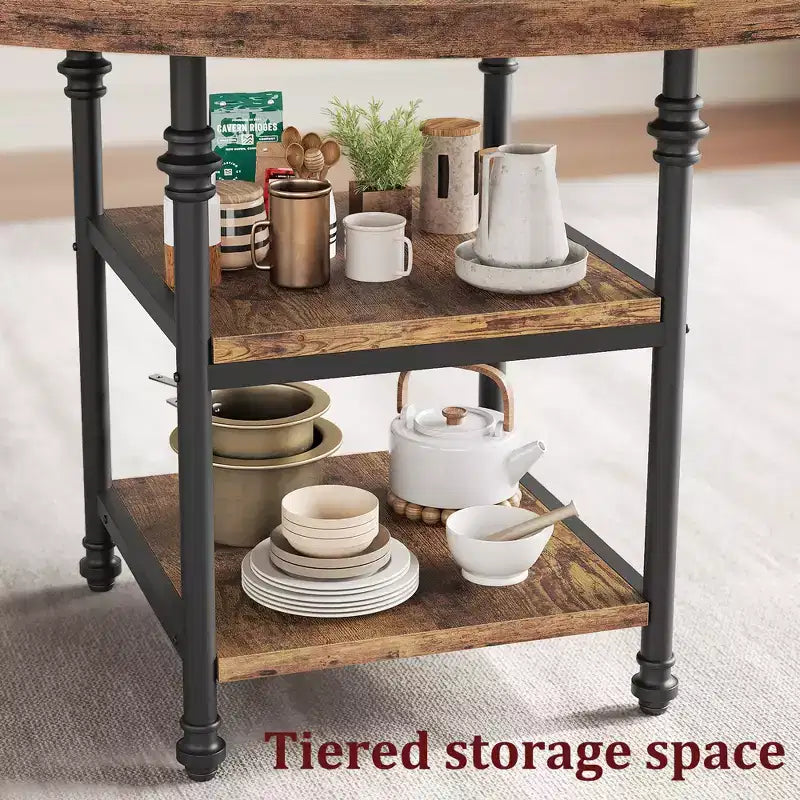 47 In Round Dining Table for 6,Dinner Wooden Kitchen Table with Storage Shelves & Roman Metal Legs for Dining Room,Kitchen,Living Room (Table Only)