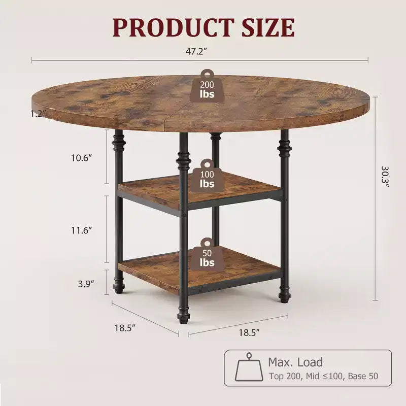 47 In Round Dining Table for 6,Dinner Wooden Kitchen Table with Storage Shelves & Roman Metal Legs for Dining Room,Kitchen,Living Room (Table Only)