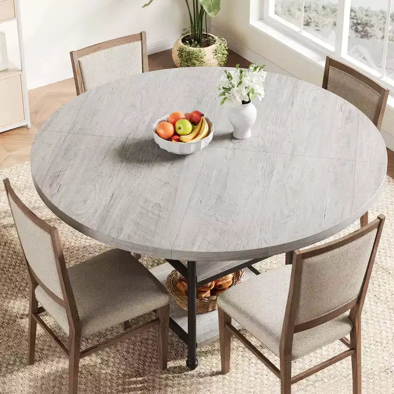 47 In Round Dining Table for 6,Dinner Wooden Kitchen Table with Storage Shelves & Roman Metal Legs for Dining Room,Kitchen,Living Room (Table Only)
