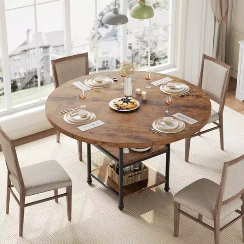 Table à manger ronde de 47 pouces pour 6 personnes, table de cuisine en bois avec étagères de rangement et pieds en métal romains pour salle à manger, cuisine, salon (Table uniquement)