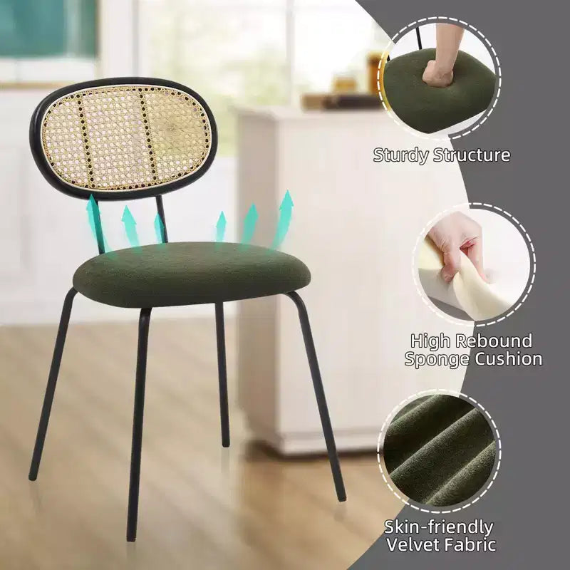 2 Pack Dining Chairs, Modern Velvet Upholstered Dining Room Chairs with Rattan Backrest & Sturdy Metal Legs